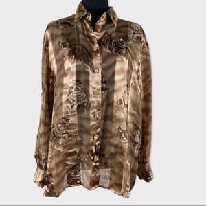 Vintage BonWorth Brown Sheer Stripe Novelty Print Cat Button Down Top Size LP